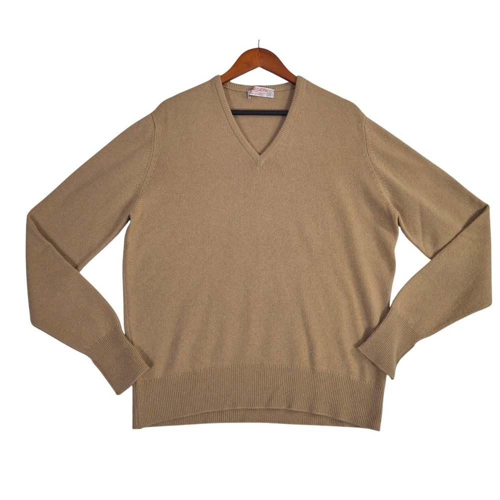 Vintage 70s Jaeger Cashmere V-Neck Sweater Men's 44" Camel Tan Made in Scotland
